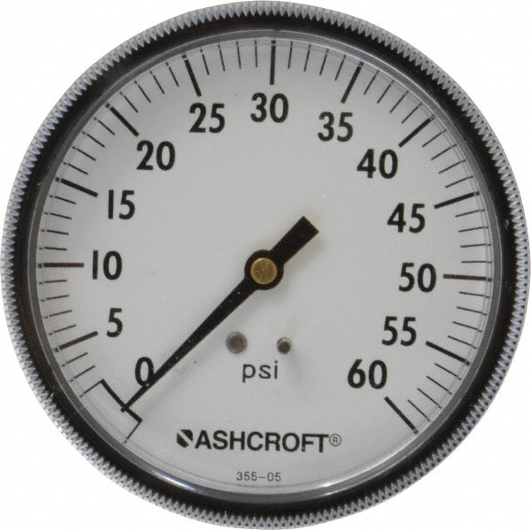 Ashcroft 662876002382 Pressure Gauge: 3-1/2" Dial, 0 to 60 psi, 1/4" Thread, NPT, Center Back Mount 