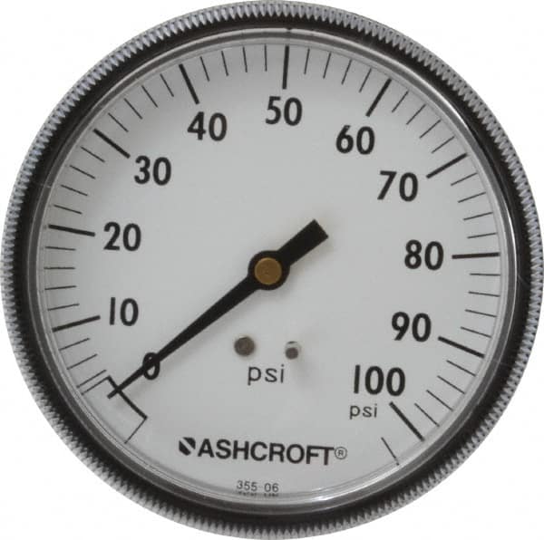 Ashcroft 662876143030 Pressure Gauge: 3-1/2" Dial, 0 to 100 psi, 1/4" Thread, NPT, Center Back Mount 
