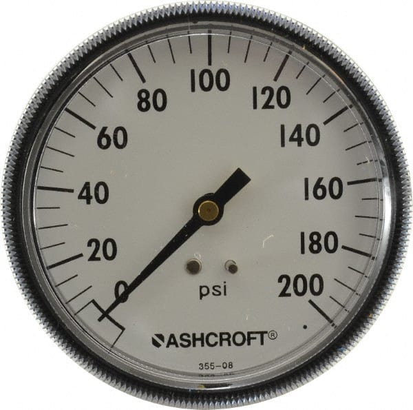 Ashcroft 662876116478 Pressure Gauge: 3-1/2" Dial, 0 to 200 psi, 1/4" Thread, NPT, Center Back Mount 
