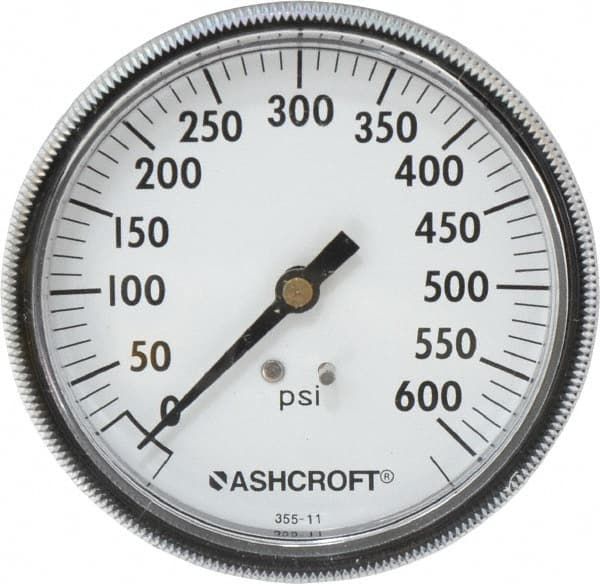 Ashcroft 662876139477 Pressure Gauge: 3-1/2" Dial, 600 psi, 1/4" Thread, NPT, Center Back Mount 