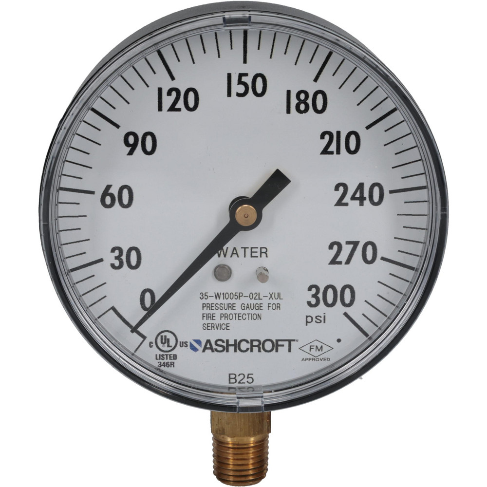 Pressure Gauge: 3-1/2" Dial, 300 psi, 1/4" Thread, NPT, Lower Mount