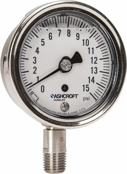 Ashcroft 94473 Pressure Gauge: 2-1/2" Dial, 0 to 15 psi, 1/4" Thread, NPT, Lower Mount Image