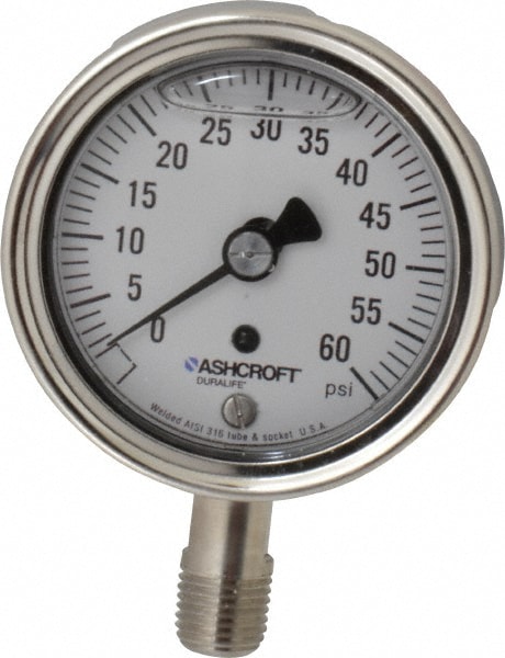 Ashcroft 94475 Pressure Gauge: 2-1/2" Dial, 0 to 60 psi, 1/4" Thread, NPT, Lower Mount Image