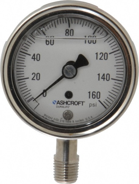 Ashcroft 94477 Pressure Gauge: 2-1/2" Dial, 0 to 160 psi, 1/4" Thread, NPT, Lower Mount Image