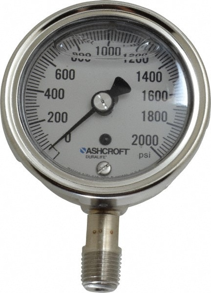 Ashcroft 94214 Pressure Gauge: 2-1/2" Dial, 0 to 2,000 psi, 1/4" Thread, NPT, Lower Mount Image