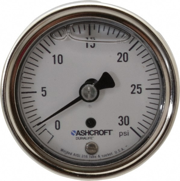 Ashcroft 94903 Pressure Gauge: 2-1/2" Dial, 0 to 30 psi, 1/4" Thread, NPT, Center Back Mount Image