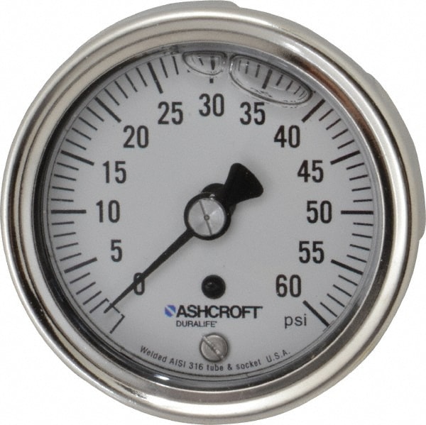 Ashcroft 94904 Pressure Gauge: 2-1/2" Dial, 0 to 60 psi, 1/4" Thread, NPT, Center Back Mount Image