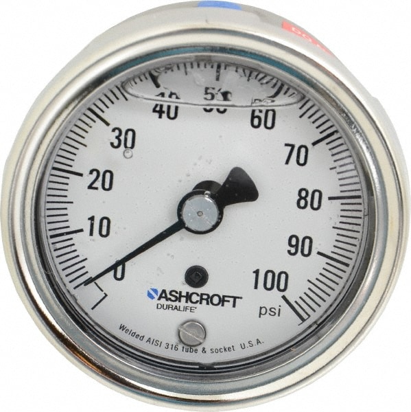 Ashcroft 94905 Pressure Gauge: 2-1/2" Dial, 0 to 100 psi, 1/4" Thread, NPT, Center Back Mount Image