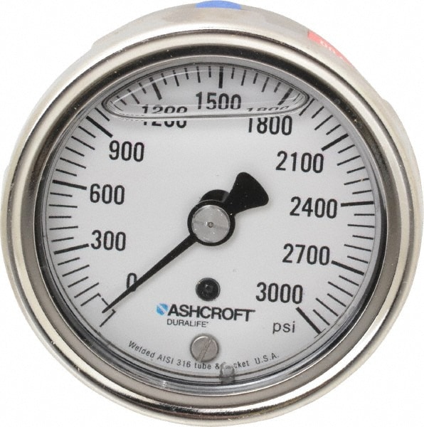 Ashcroft 83249 Pressure Gauge: 2-1/2" Dial, 0 to 3,000 psi, 1/4" Thread, NPT, Center Back Mount Image