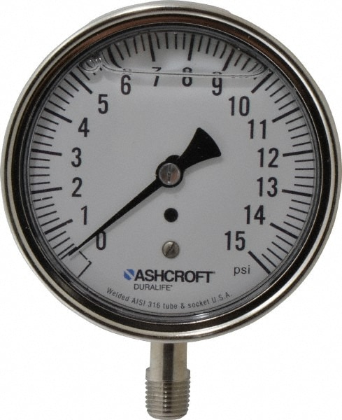 Ashcroft 83169 Pressure Gauge: 3-1/2" Dial, 0 to 15 psi, 1/4" Thread, NPT, Lower Mount Image