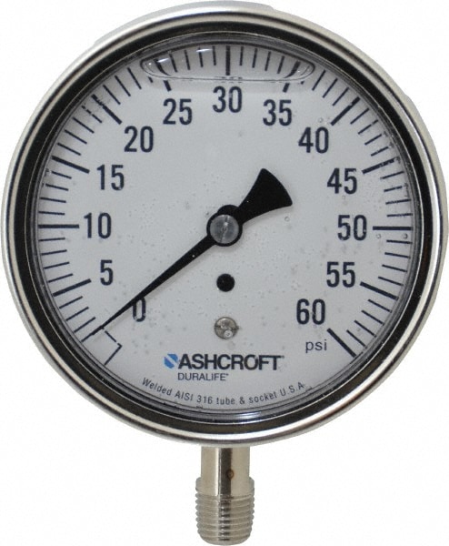 Ashcroft 94485 Pressure Gauge: 3-1/2" Dial, 0 to 60 psi, 1/4" Thread, NPT, Lower Mount Image