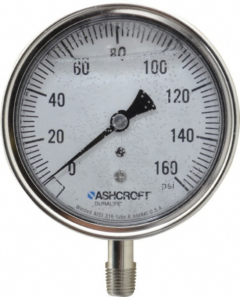 Pressure Gauge: 3-1/2" Dial, 0 to 160 psi, 1/4" Thread, NPT, Lower Mount - Industrial Pressure Gauge, Stainless Steel Case, 1% of Scale Accuracy