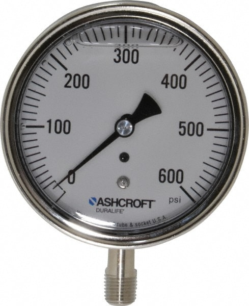 Ashcroft 94491 Pressure Gauge: 3-1/2" Dial, 0 to 600 psi, 1/4" Thread, NPT, Lower Mount Image