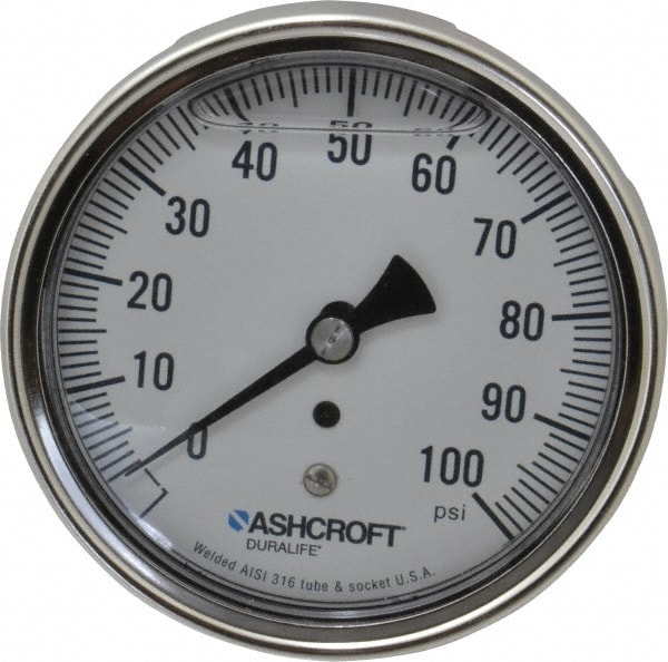 Ashcroft 83197 Pressure Gauge: 3-1/2" Dial, 0 to 100 psi, 1/4" Thread, NPT, Center Back Mount Image