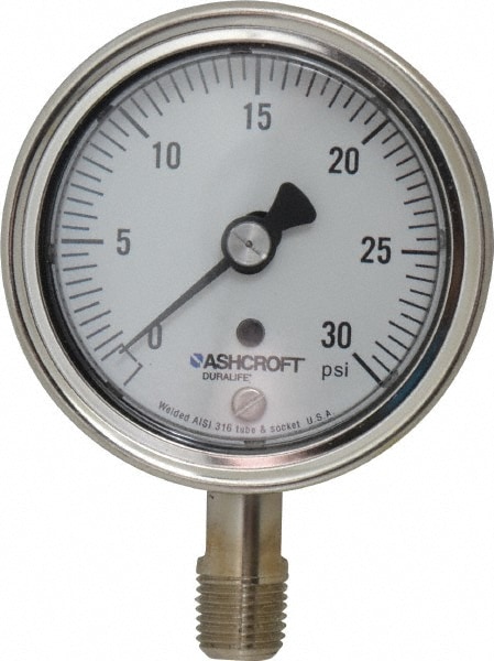 Ashcroft 94326 Pressure Gauge: 2-1/2" Dial, 0 to 30 psi, 1/4" Thread, NPT, Lower Mount Image