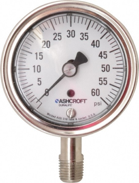 Ashcroft 94327 Pressure Gauge: 2-1/2" Dial, 0 to 60 psi, 1/4" Thread, NPT, Lower Mount Image