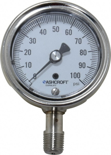 Ashcroft 94328 Pressure Gauge: 2-1/2" Dial, 0 to 100 psi, 1/4" Thread, NPT, Lower Mount Image