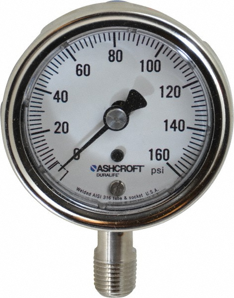 Pressure Gauge: 2-1/2" Dial, 0 to 160 psi, 1/4" Thread, NPT, Lower Mount - Industrial Pressure Gauge, Stainless Steel Case, 1% of Scale Accuracy