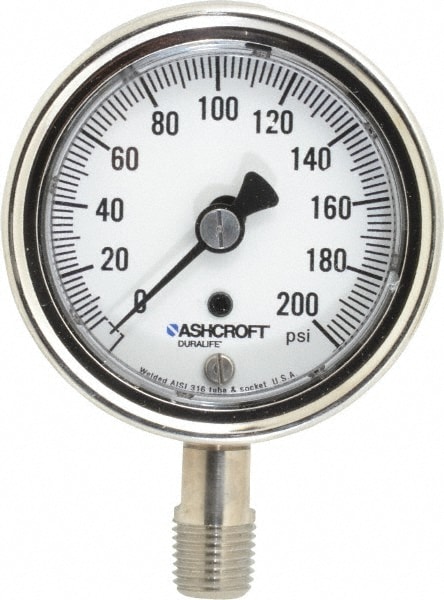 Ashcroft 94330 Pressure Gauge: 2-1/2" Dial, 0 to 200 psi, 1/4" Thread, NPT, Lower Mount Image