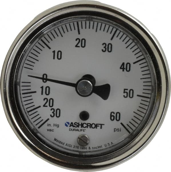 Ashcroft 82120 Pressure Gauge: 2-1/2" Dial, 1/4" Thread, NPT, Center Back Mount 