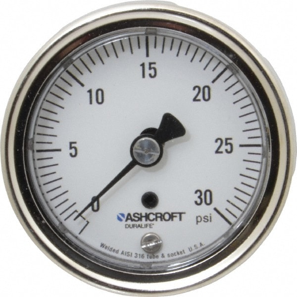 Ashcroft 94887 Pressure Gauge: 2-1/2" Dial, 0 to 30 psi, 1/4" Thread, NPT, Center Back Mount Image