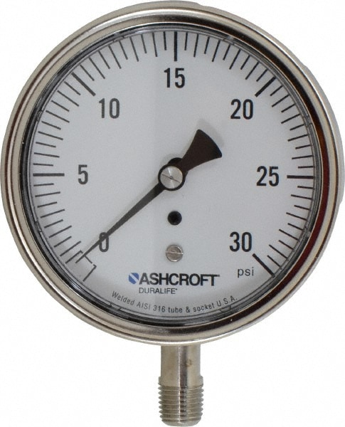 Ashcroft 94336 Pressure Gauge: 3-1/2" Dial, 30 psi, 1/4" Thread, NPT, Lower Mount Image