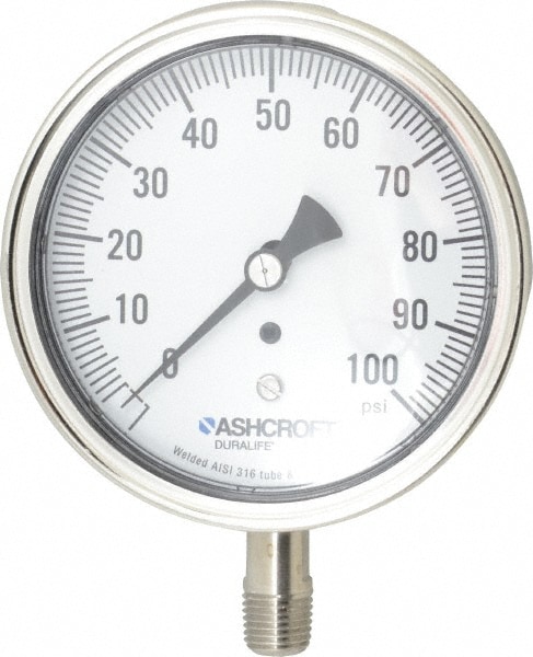 Ashcroft 94338 Pressure Gauge: 3-1/2" Dial, 100 psi, 1/4" Thread, NPT, Lower Mount Image