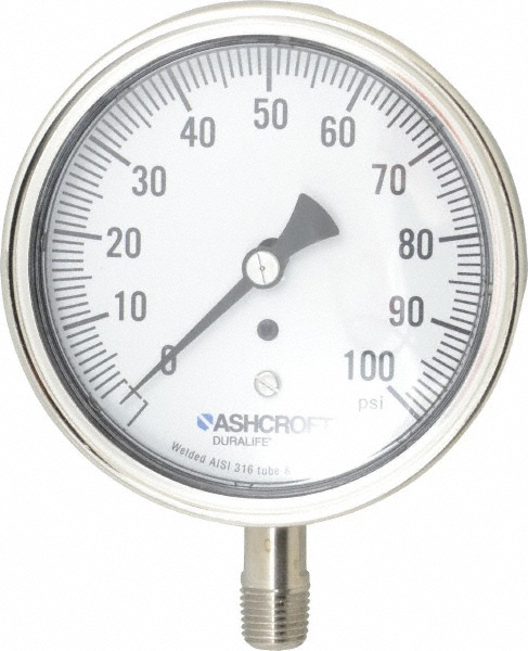 Pressure Gauge: 3-1/2" Dial, 100 psi, 1/4" Thread, NPT, Lower Mount - Stainless Steel Case, 1% of Scale Accuracy