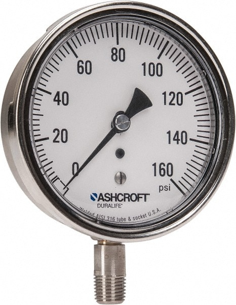 Ashcroft 94339 Pressure Gauge: 3-1/2" Dial, 0 to 160 psi, 1/4" Thread, NPT, Lower Mount Image