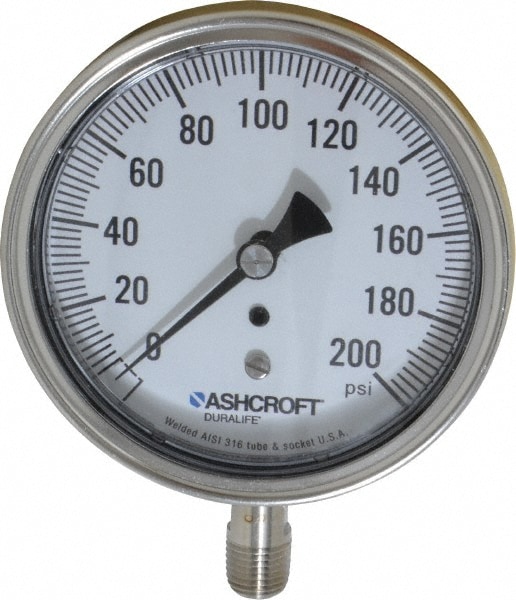 Ashcroft 94340 Pressure Gauge: 3-1/2" Dial, 200 psi, 1/4" Thread, NPT, Lower Mount Image