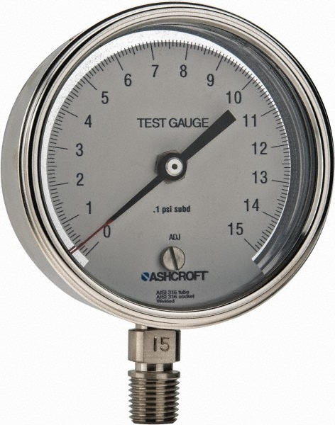 Ashcroft 929082 Pressure Gauge: 3" Dial, 0 to 15 psi, 1/4" Thread, NPT, Lower Mount Image