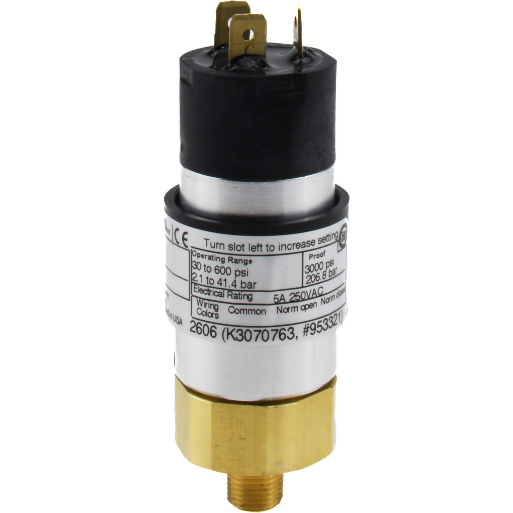 United Electric Controls Compact, Cylindrical Pressure Switch: 30 psi to 600 psi, 1/4 NPT Male Thread - 12V DC, 125V AC, 125V DC, 24V DC, 250V AC