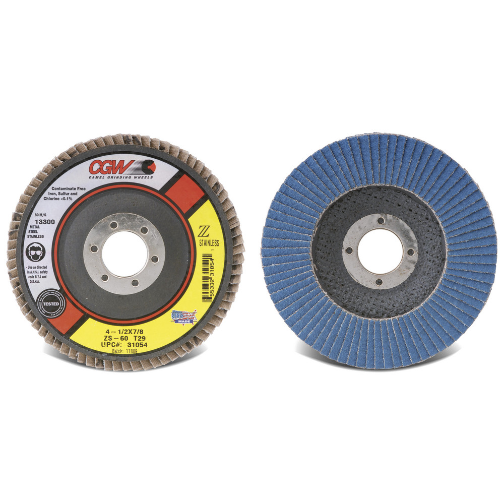 Flap Disc:  4-1/2" Dia, 7/8" Hole, Zirconia Alumina, Type 27 - Coated, Coarse Grade, Polyester-Backed, 13300 Max RPM