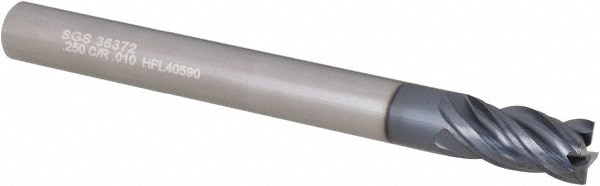 SGS 36372 Corner Radius End Mill: 1/4" Dia, 1/2" LOC, 0.01" Radius, 4 Flutes, Solid Carbide Image