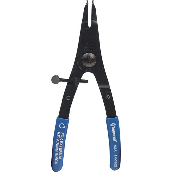 Imperial IR-380S Retaining Ring Pliers; Type: External; Tip Angle: 0; Tip Type: Fixed; Handle Material: Steel w/Poly Grip; Tether Style: Not Tether Capable; Features: Adjustable Safety Stop to Prevent Ring Damage; NSN 5120-288-9717; Minimum Ring Size (Decimal Inch): 0.125 