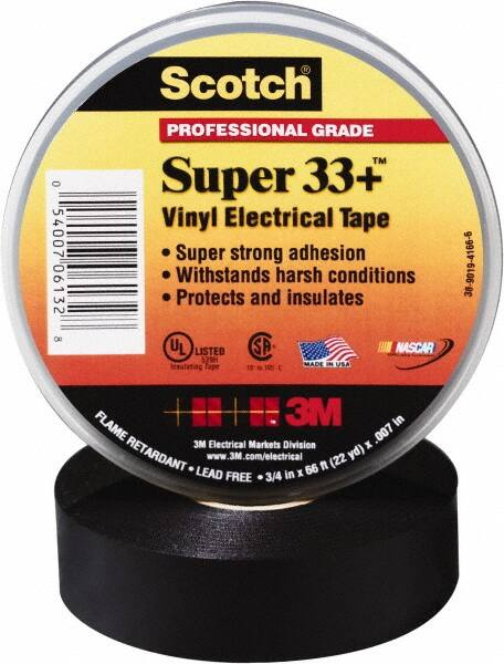 Electrical Tape: 3/4" Wide, 624" Long, 7 mil Thick, Black