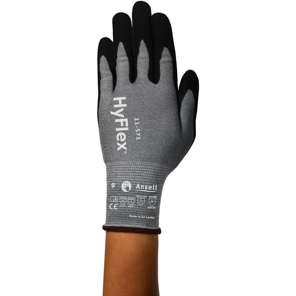 Cut & Abrasion-Resistant Gloves: HyFlex® 11-571, Abrasion 4, 15 ga - HPPE, Nylon & Spandex, Foam Nitrile-Coated, Palm & Fingertips Coating, Single Dipped Grip, Black on Gray Pair