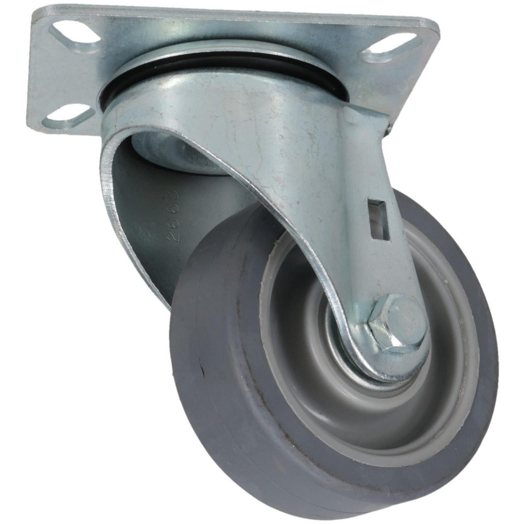E.R. Wagner Swivel Top Plate Caster: Thermoplastic Rubber, 155 lb, 3-1/2" Dia, 1-1/4" Wide, 4-5/8" OAH - 3-1/8 x 4-1/8" Plate, 2-3/8 x 3-3/8 Slotted