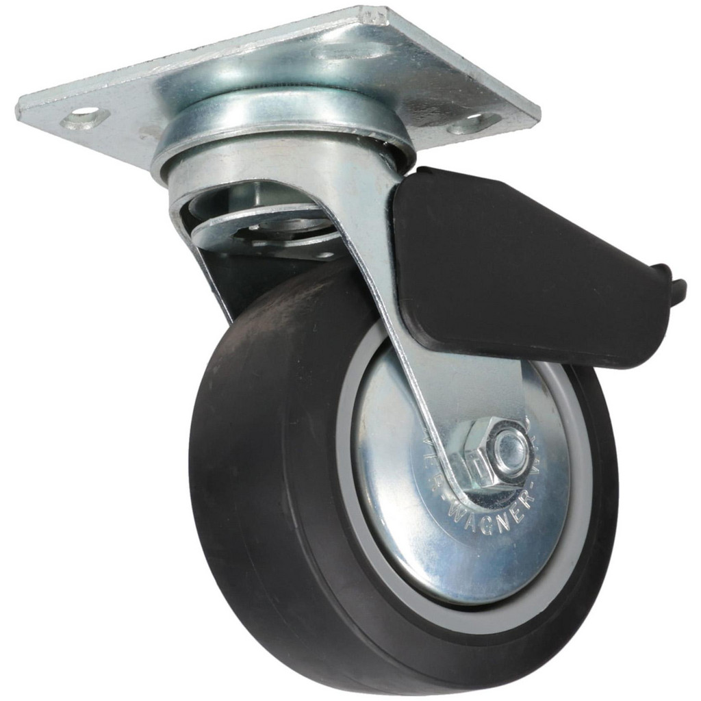 E.R. Wagner Swivel Top Plate Caster: Thermoplastic Rubber, 350 lb, 5" Dia, 2" Wide, 6-1/2" OAH - 4 x 4-1/2" Plate, 2-5/8 x 3-5/8 Slotted to 3 x 3"