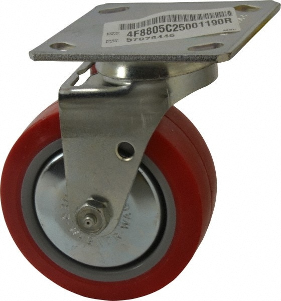 E.R. Wagner 4F8805C25001190 Swivel Top Plate Caster: Polyurethane, 5" Wheel Dia, 2" Wheel Width, 650 lb Capacity, 6-1/2" OAH 