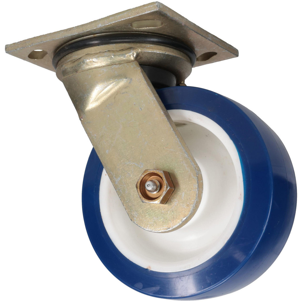 E.R. Wagner Swivel Top Plate Caster: Polyurethane, 750 lb, 5" Dia, 2" Wide, 6-1/2" OAH - 4 x 4-1/2" Plate, 2-5/8 x 3-5/8 Slotted to 3 x 3" Bolt Hole