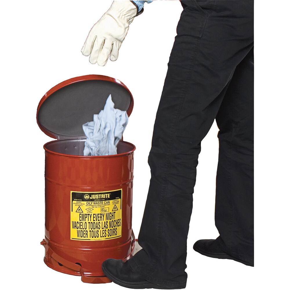 Oily Waste Cans & Receptacles; Capacity (Gal.): 14.000 ; Opening Style: Foot Operated ; Color: Red ; Material: Steel ; Height (Inch): 20.25 ; Height (Decimal Inch): 20.000000