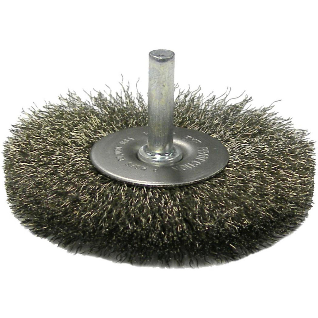 Weiler Wheel Brush: 4" Wheel Dia, 9/16" Face Width, 0.0140" Wire Dia, Crimped - Stainless Steel | Part #17982