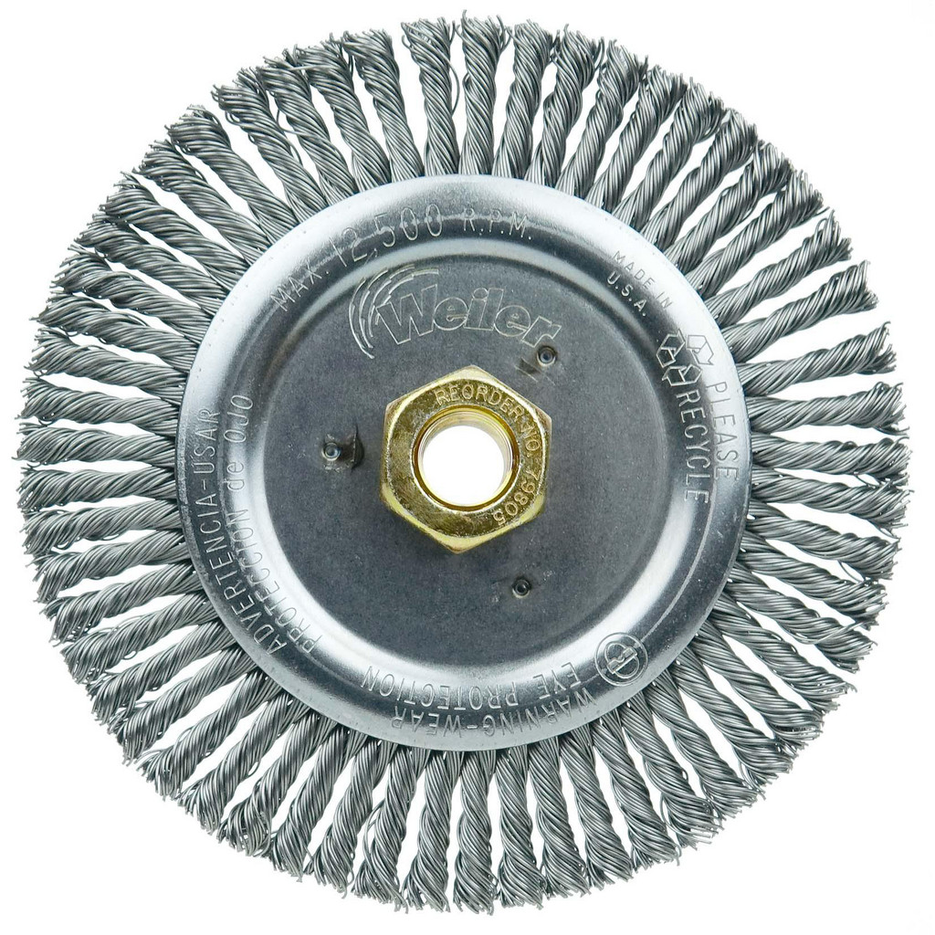 Weiler Dualife Narrow Face Wire Wheel Brush - 6-7/8" Diameter, 0.020" Wire, 5/8-11 Arbor, 9000 RPM, For Weld Cleaning & Rust Removal
