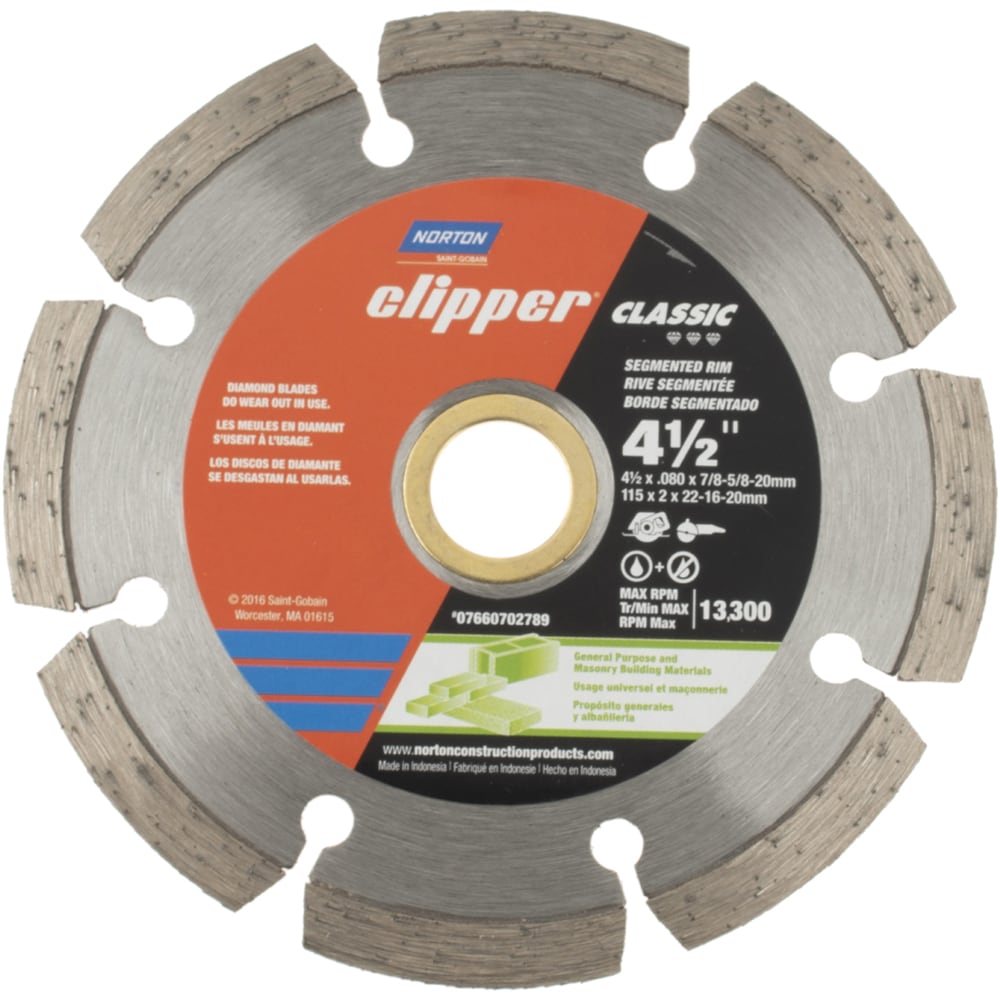 Norton 7660702789 Wet & Dry Cut Saw Blade: 4-1/2" Dia, 5/8 & 7/8" Arbor Hole Image