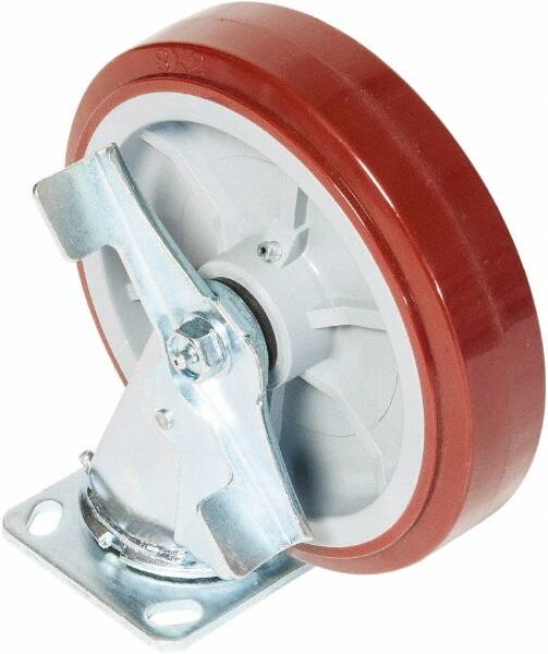 Swivel Top Plate Caster: Polyurethane over Polyolefin, 8" Wheel Dia, 2" Wheel Width, 900 lb Capacity, 9-1/2" OAH