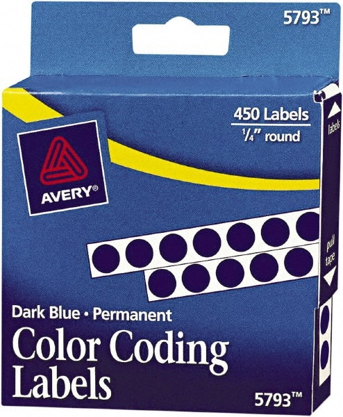 Label Maker Label: Dark Blue, Paper, 1/4" OAL, 1/4" OAW, 450 per Roll, 1 Roll