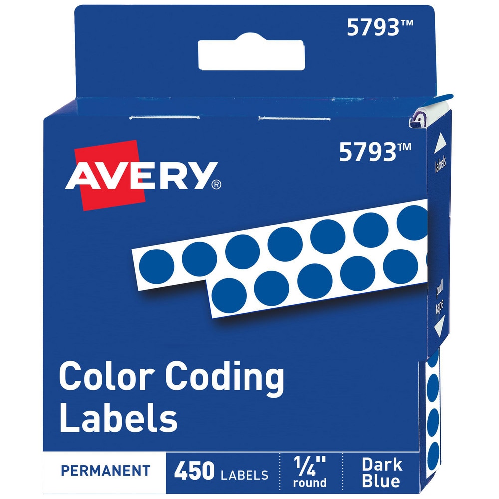 Label Maker Label: Dark Blue, Paper, 1/4" OAL, 1/4" OAW, 450 per Roll, 1 Roll