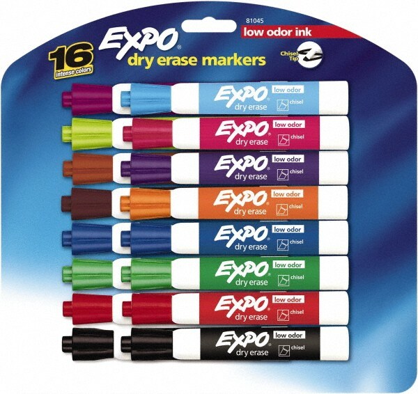 Pack of 16 Low Odor Chisel Tip Dry Erase Markers, Assorted Colors