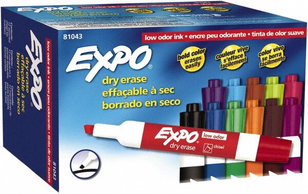 Aqua, Black, Blue, Brown, Green, Lime, Orange, Pink, Plum, Pumpkin, Purple & Red Low Odor Chisel Tip 12 Pack Dry Erase Markers